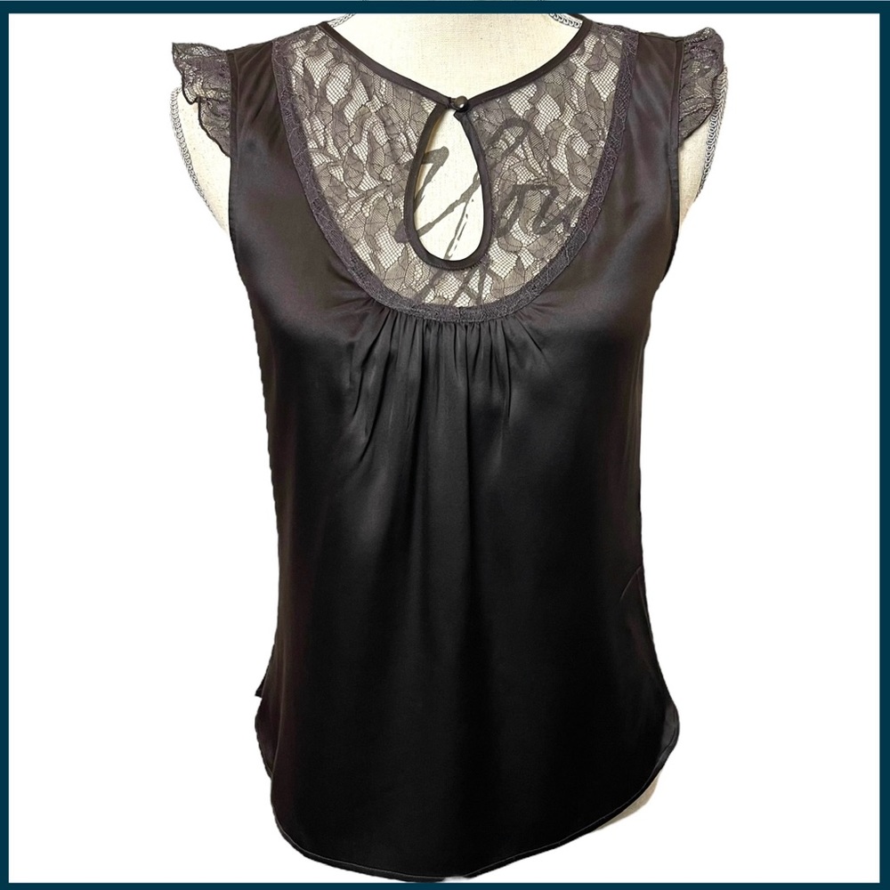 Club Monaco 94% Silk Black Lace Yoke Sleeveless Blouse